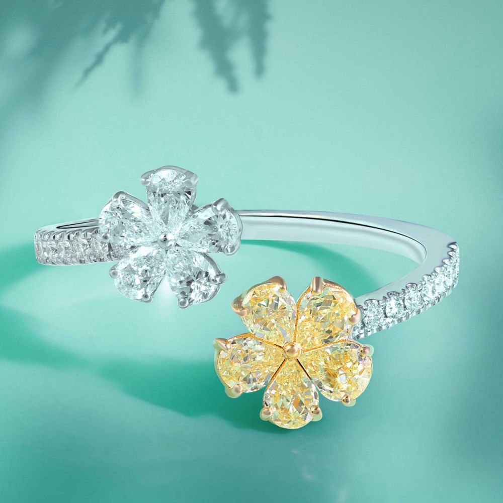 925 Silver white Gold flower design Cubic Yellow zircon Ring  Manufacturer